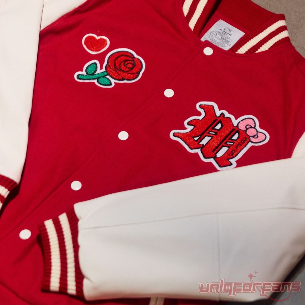 Bruno Mars Hello Kitty Romantic Tour Red Bomber Jacket close-up flat lay view showing front patches and white sleeve