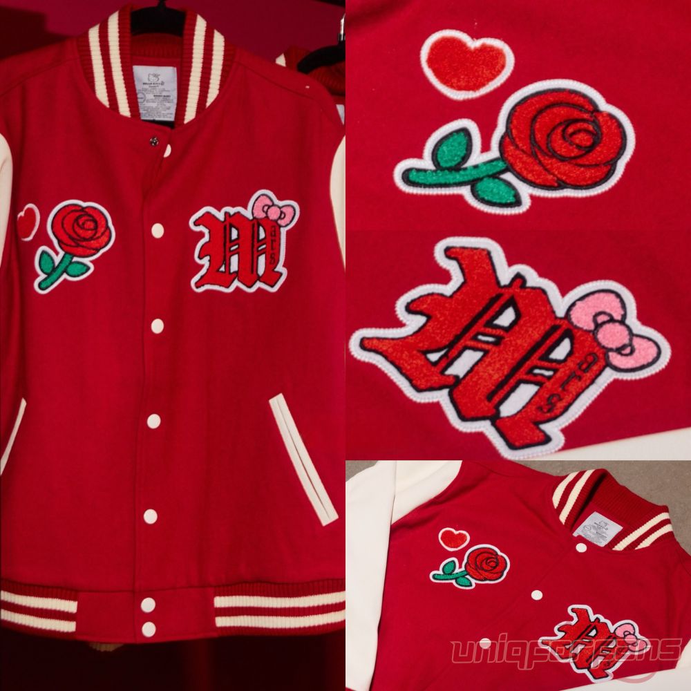 Bruno Mars Hello Kitty Romantic Tour Red Bomber Jacket split view showing front, patch details, and flat lay