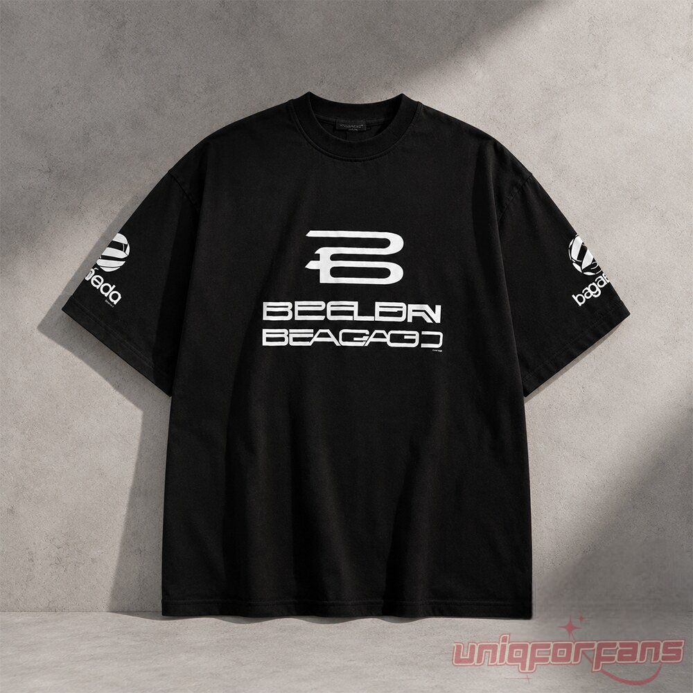 Dion Dawkins Balenciaga Style Double Logo Black T-Shirt with white cyber font chest typography and graphic sleeves
