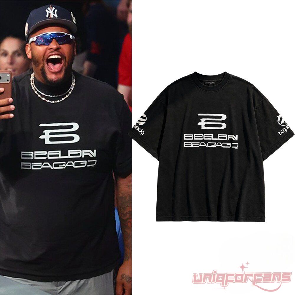 Dion Dawkins Balenciaga Style Double Logo Black T-Shirt featuring white futuristic typography and sleeve prints