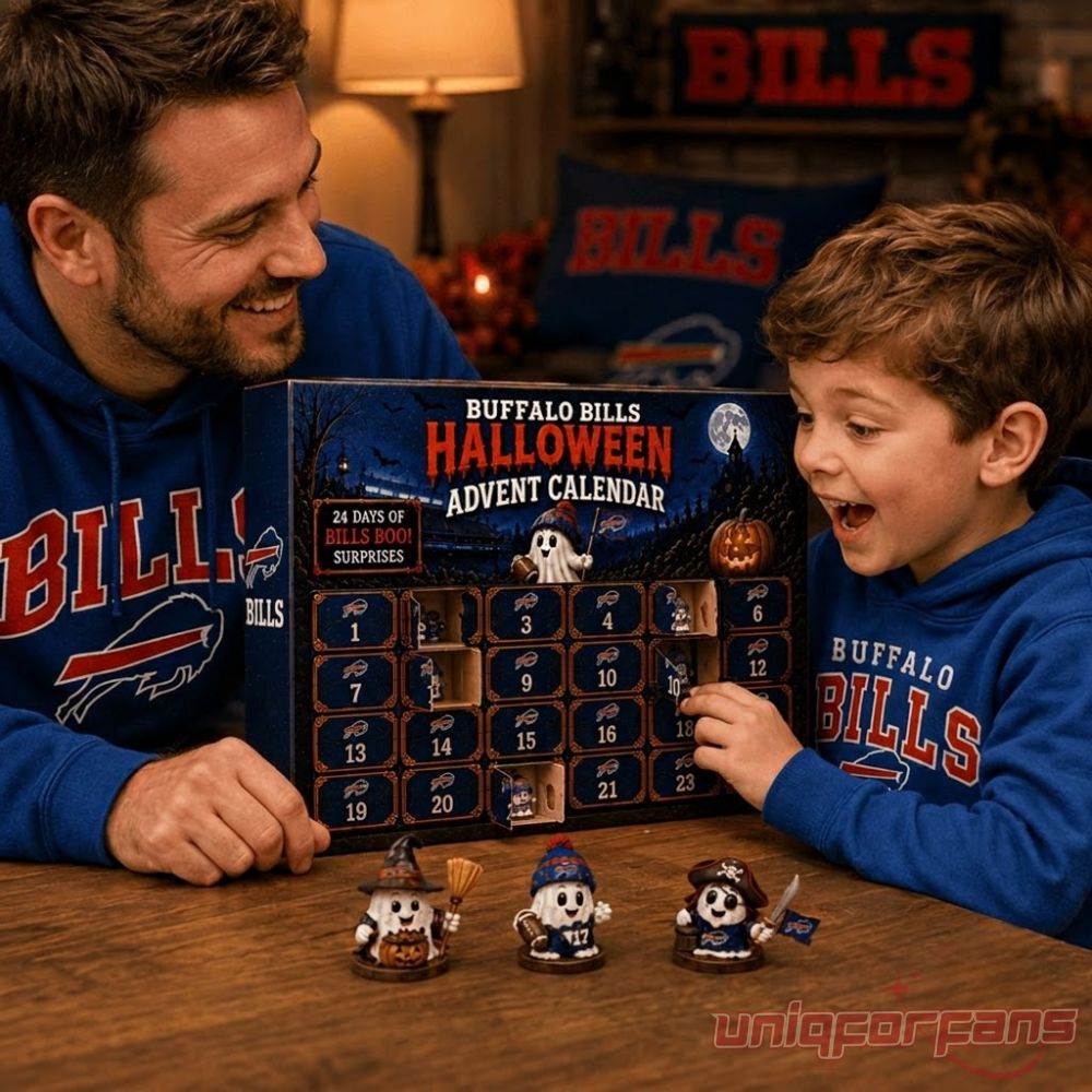 Buffalo Bills Football Halloween 2026 Advent Calendar being unboxed by a father and son wearing team hoodies