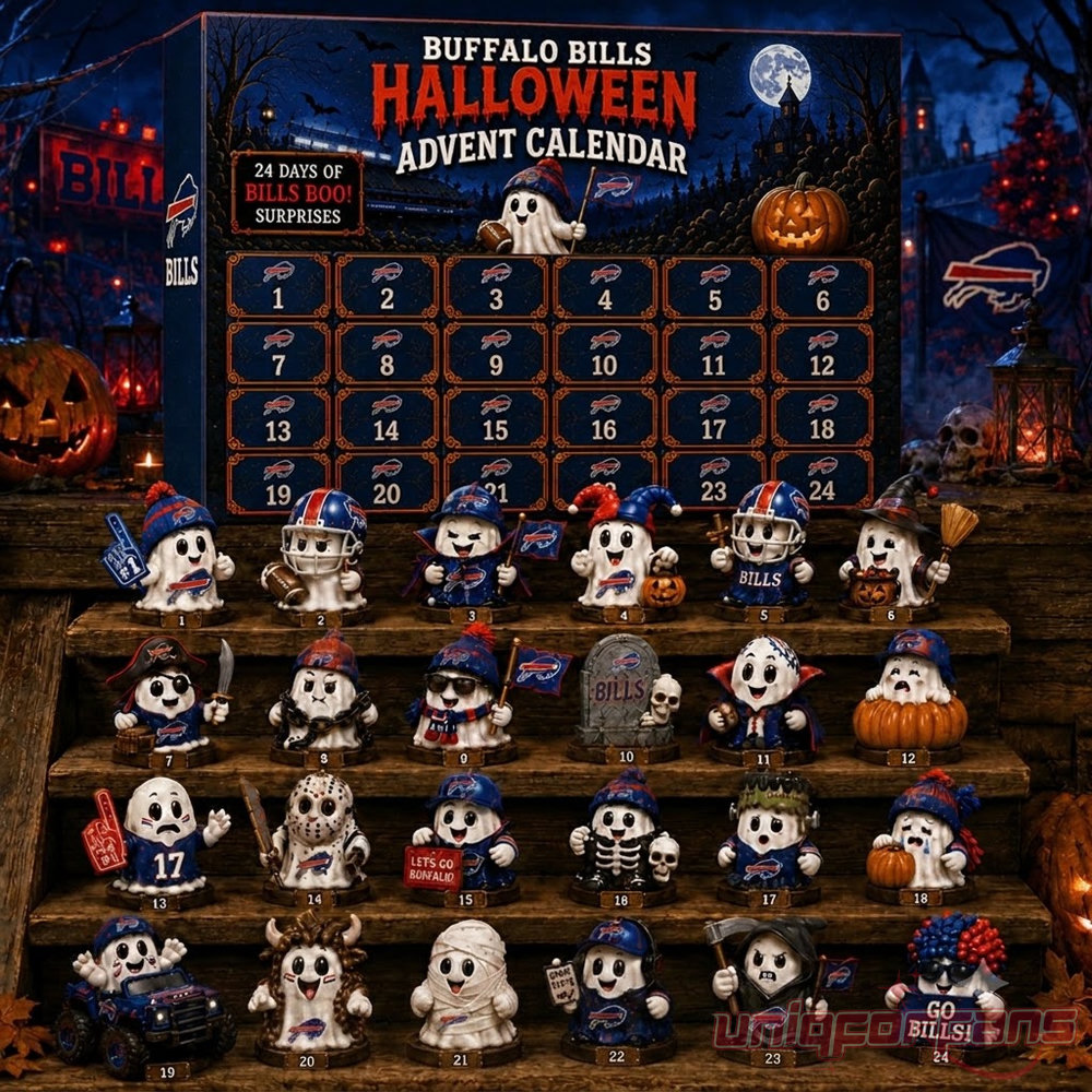 Alt Text: Buffalo Bills Football Halloween 2026 Advent Calendar showing 24 numbered doors and mini ghost figurine collectibles