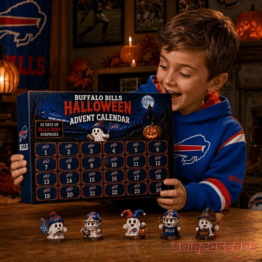 Alt Text: Buffalo Bills Football Halloween 2026 Advent Calendar held by a young fan wearing a blue Bills hoodie