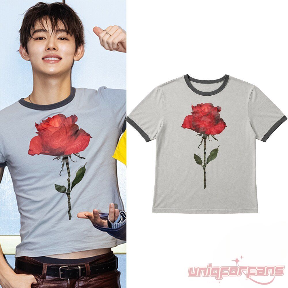CORTIS Seonghyeon Acne Studios Red Rose Ringer T-Shirt featuring a red rose graphic on a light grey tee with dark trim