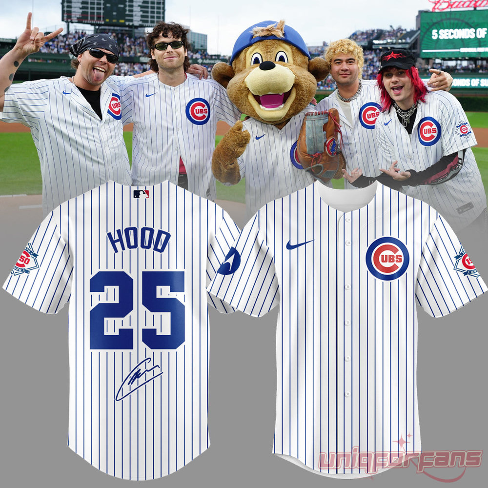 Chicago Cubs x Calum Hood 5 Seconds of Summer Jersey Signature, white pinstripe baseball jersey with "HOOD 25" and autograph