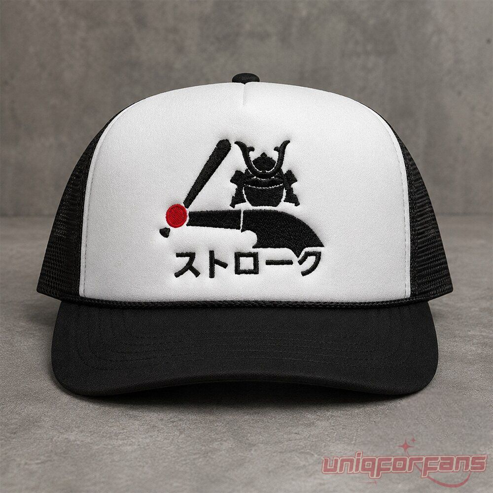 Chicago White Sox Strokin Shogun Hitting Baseball Trucker Hat with black brim, mesh back, and samurai graphic print