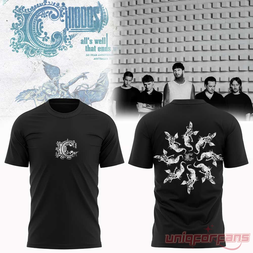 Chiodos 2026 Tour It’s Not You It’s Me Graphic Shirt in black with ornate chest logo and circular angel back print
