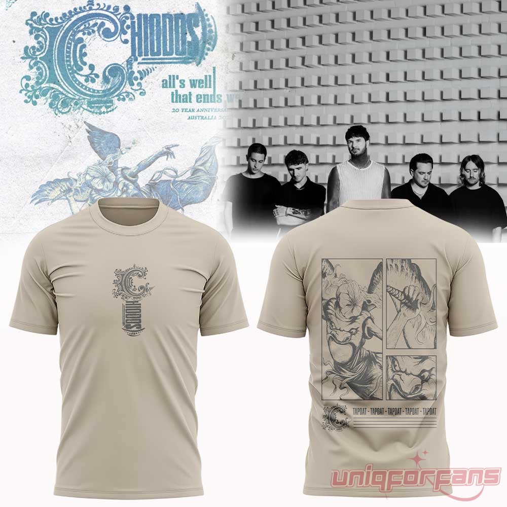 Chiodos 2026 Tour It’s Not You It’s Me Graphic Shirt in beige, featuring vertical band logo and back comic panel art