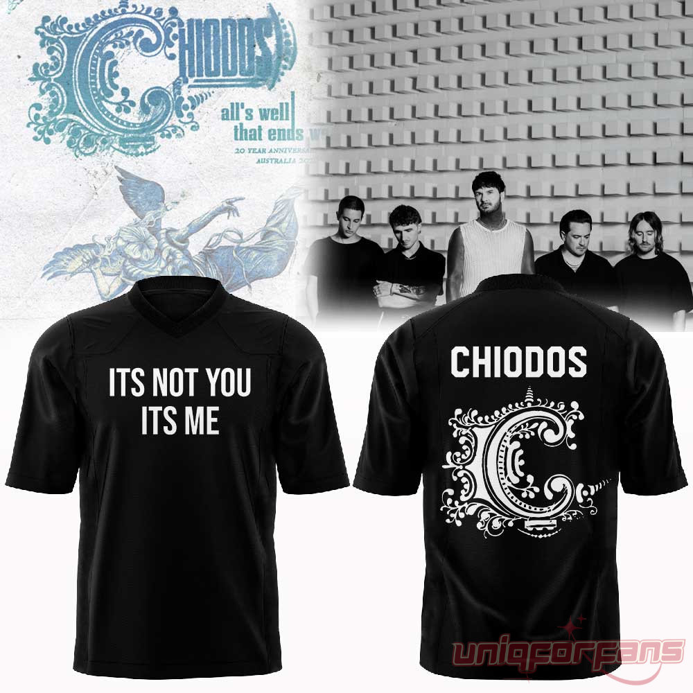Chiodos Tour It’s Not You It’s Me 2026 Football Jersey, black V-neck jersey with quote on front and ornate C logo back