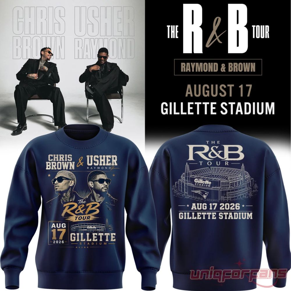 Chris Brown Usher The R&B Tour Gillette Stadium Sweater in navy blue with artist portraits and venue details