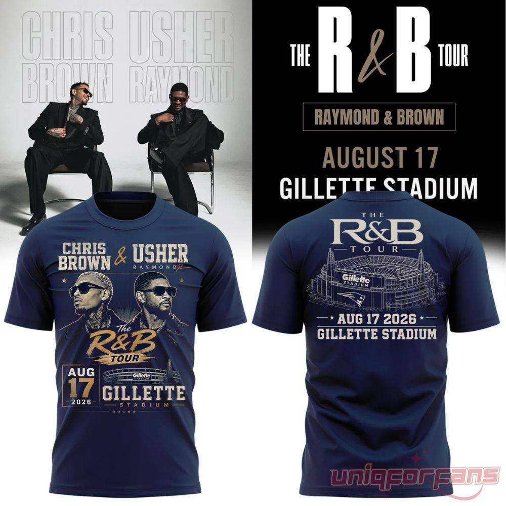 Chris Brown & Usher The R&B Tour Gillette Stadium T-Shirt back view featuring "THE R&B TOUR" header, August 17 2026 concert date, and stadium graphic