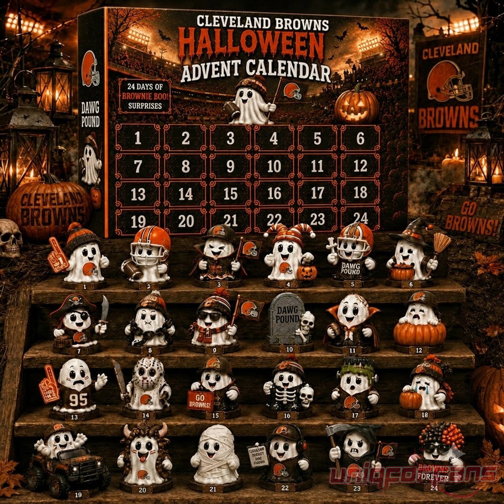 Cleveland Browns Football Halloween 2026 Advent Calendar displaying 24 doors and ghost figurine collectibles