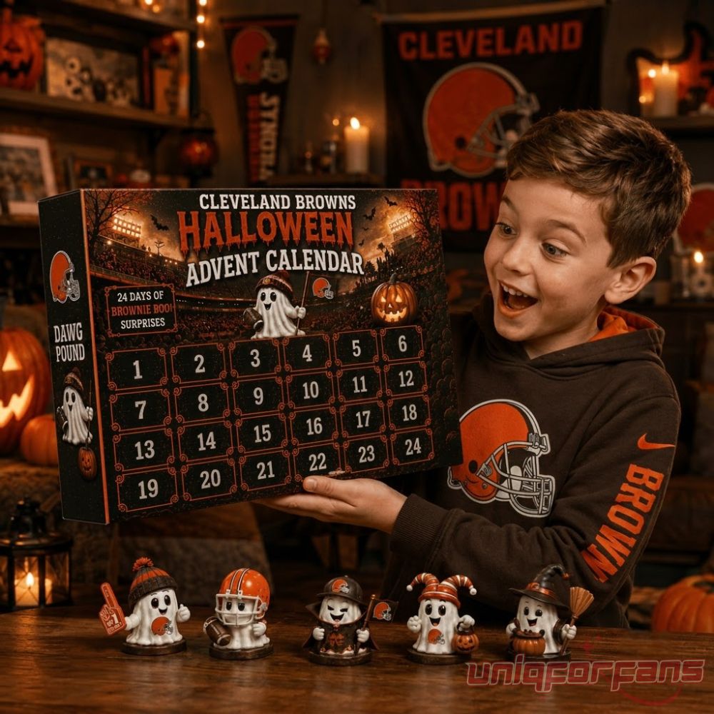 Cleveland Browns Football Halloween 2026 Advent Calendar held by a smiling boy wearing a team hoodie
