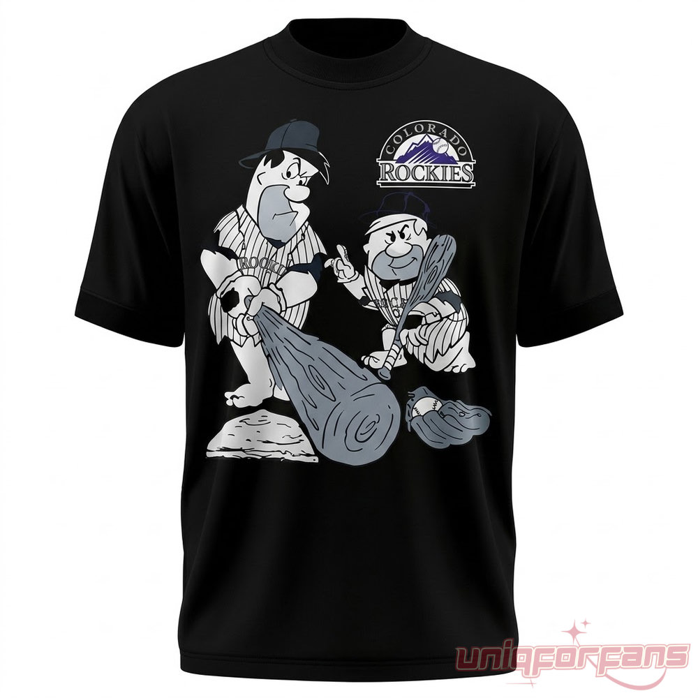 Colorado Rockies Mickey Moniak Flintstones Special Shirt front in black featuring Fred Flintstone and Barney Rubble graphics