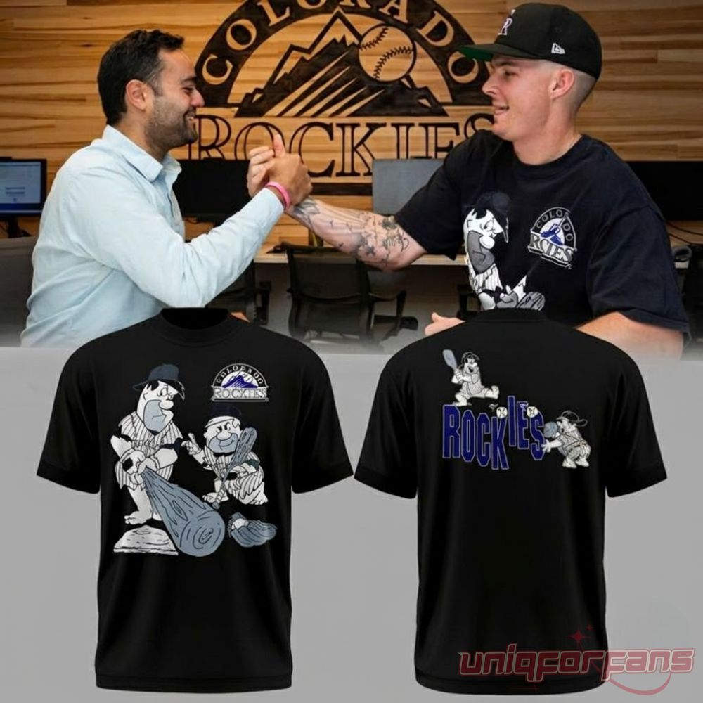 Colorado Rockies Mickey Moniak Flintstones Special Shirt in black with front and back cartoon graphics