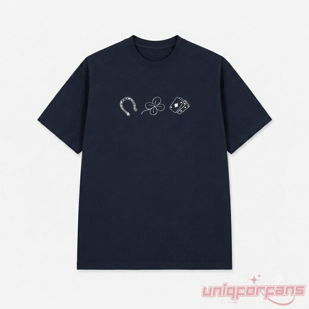 Conan Gray 1 Year Of Wishbone Anniversary Navy T-Shirt front view with horseshoe, four-leaf clover, and playing cards graphic
