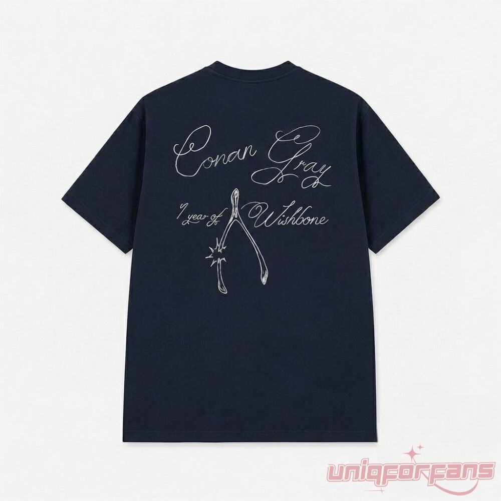 Conan Gray 1 Year Of Wishbone Anniversary Navy T-Shirt back view featuring white script text and wishbone print