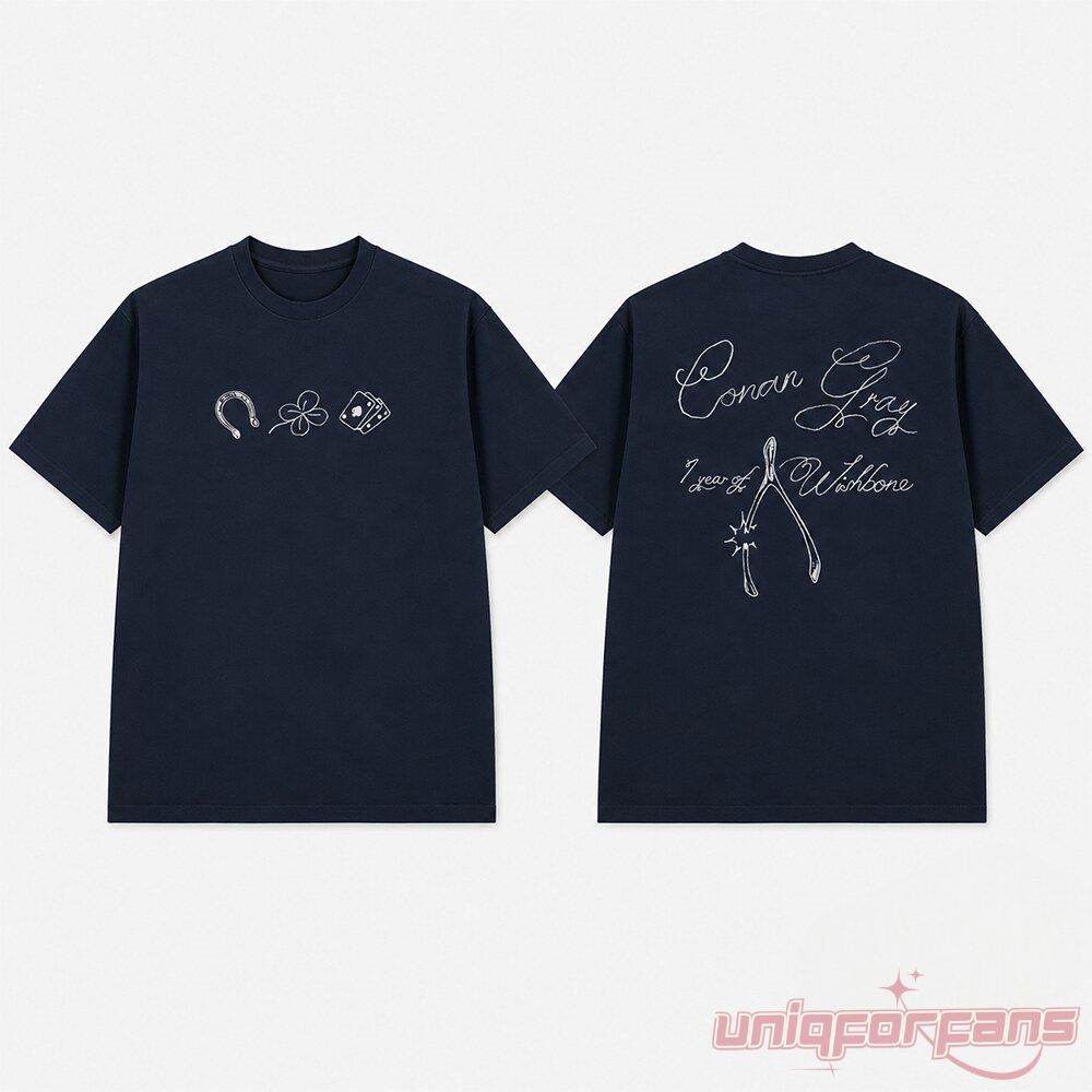Conan Gray 1 Year Of Wishbone Anniversary Navy T-Shirt front and back view featuring white lucky symbols and script lettering