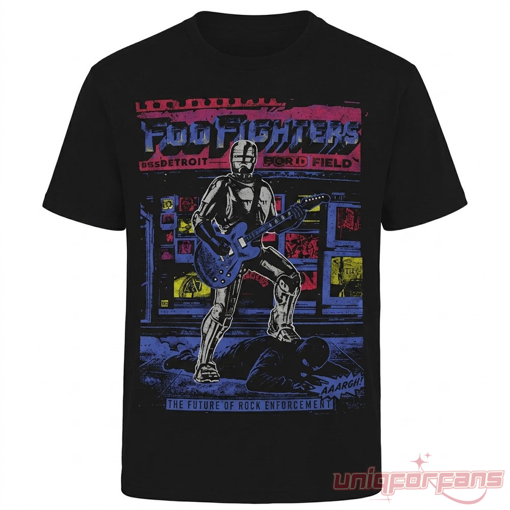 Detroit Lions x Foo Fighters Take Cover Tour 2026 Shirt front featuring RoboCop playing guitar illustration in black