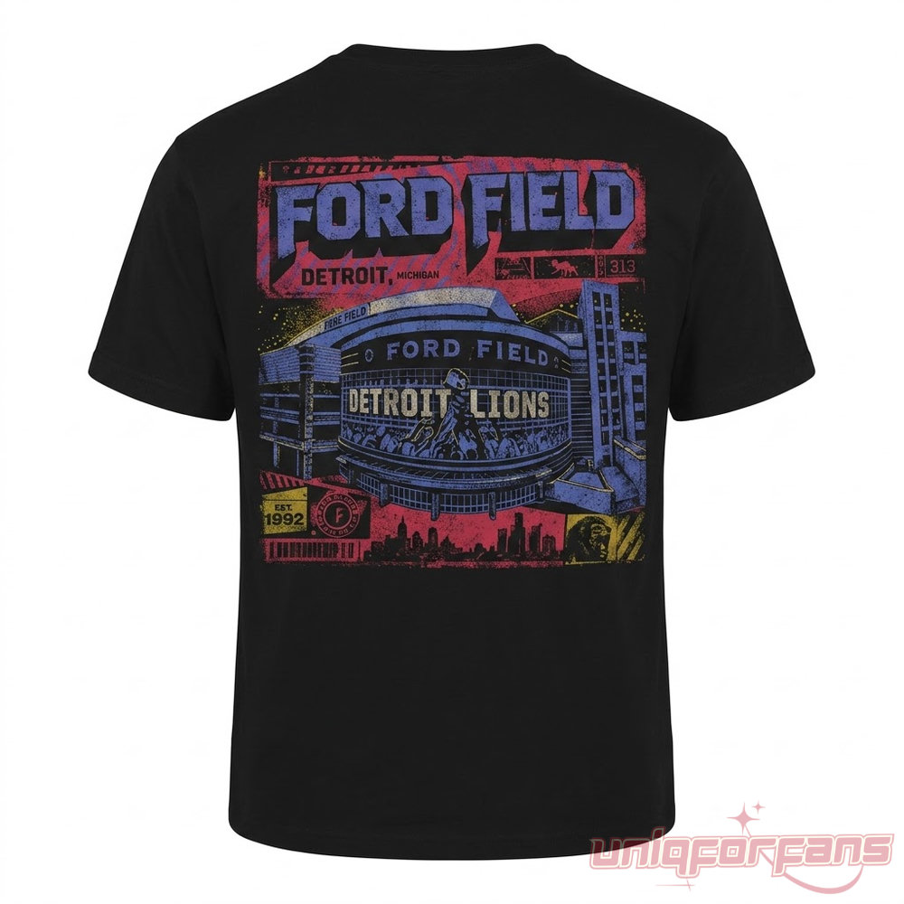 Detroit Lions x Foo Fighters Take Cover Tour 2026 Shirt back featuring Ford Field Stadium graphic in black