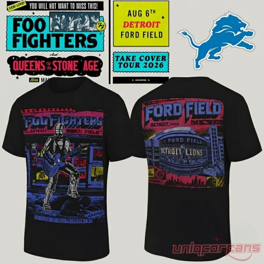 Detroit Lions x Foo Fighters Take Cover Tour 2026 Shirt At Ford Field Stadium front and back views promo graphics