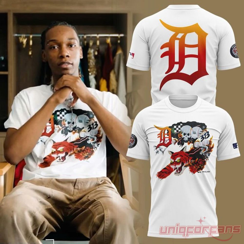 Detroit Tigers Skullxer Tiger Collection Tee Graphic Print 2026, graphic white shirt with big gradient 'D' on back