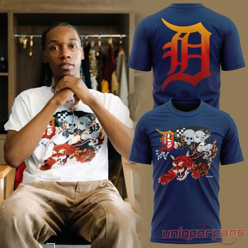 Detroit Tigers Skullxer Tiger Collection Tee Graphic Print 2026, graphic navy shirt with big gradient 'D' on back