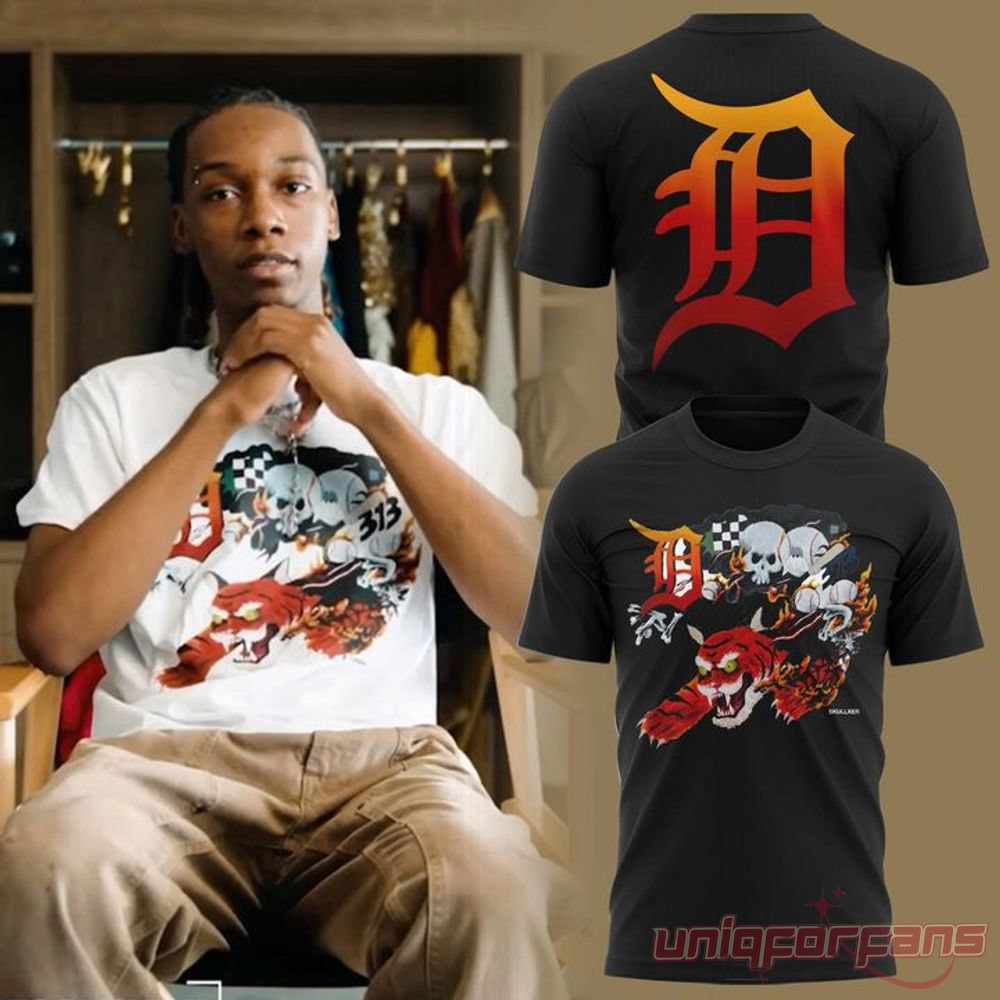 Detroit Tigers Skullxer Tiger Collection Tee Graphic Print 2026, graphic black shirt with big gradient 'D' on back