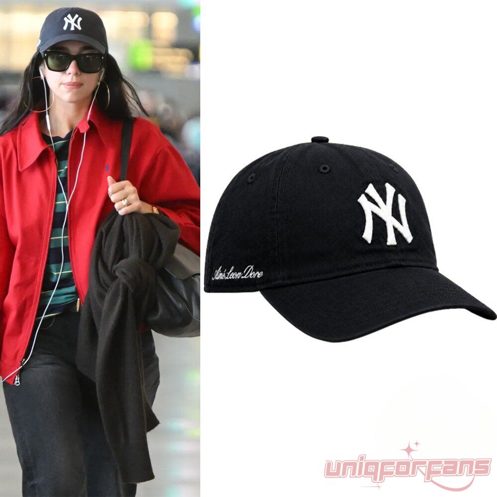 Dua Lipa Inspired Aime Leon Dore Yankees Logo Graphic Cap, dark blue baseball hat with side script and classic NY logo