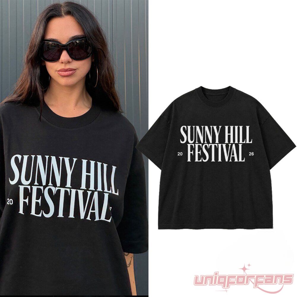 Dua Lipa Sunny Hill Festival 2026 Oversize Graphic Shirt in black with bold white typography, as worn by Dua Lipa