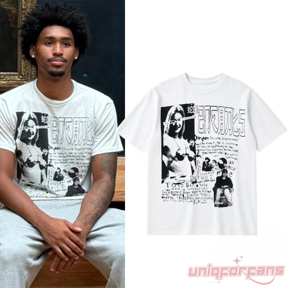 Dylan Harper wearing white Enfants Riches Déprimés style graphic t-shirt with Devil In Disguise punk collage artwork print
