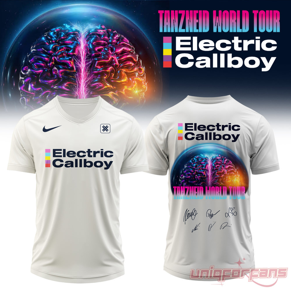 Electric Callboy Tanzneid Brain V-Neck Football Jersey in white, featuring a front logo, swoosh, and glowing brain back print