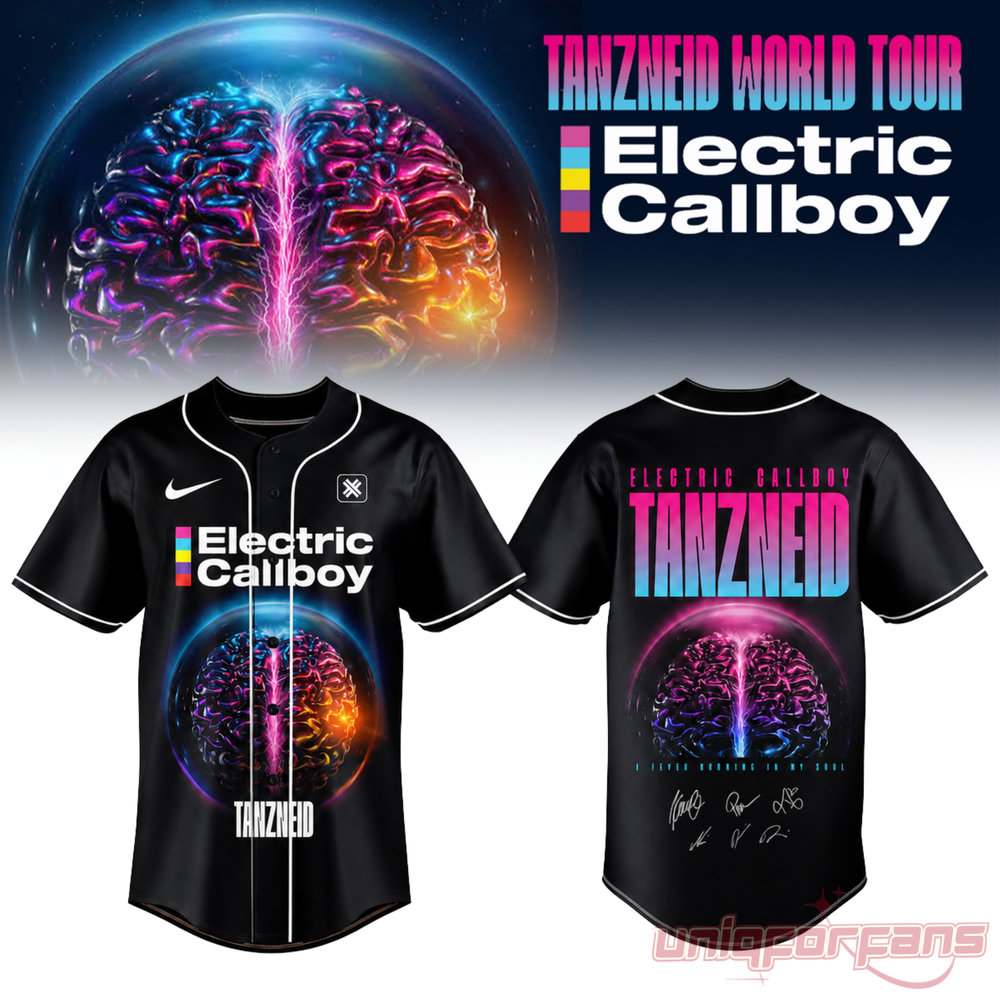 Electric Callboy Tanzneid Cross Logo Graphic Baseball Jersey in black, featuring a glowing brain globe on front and back