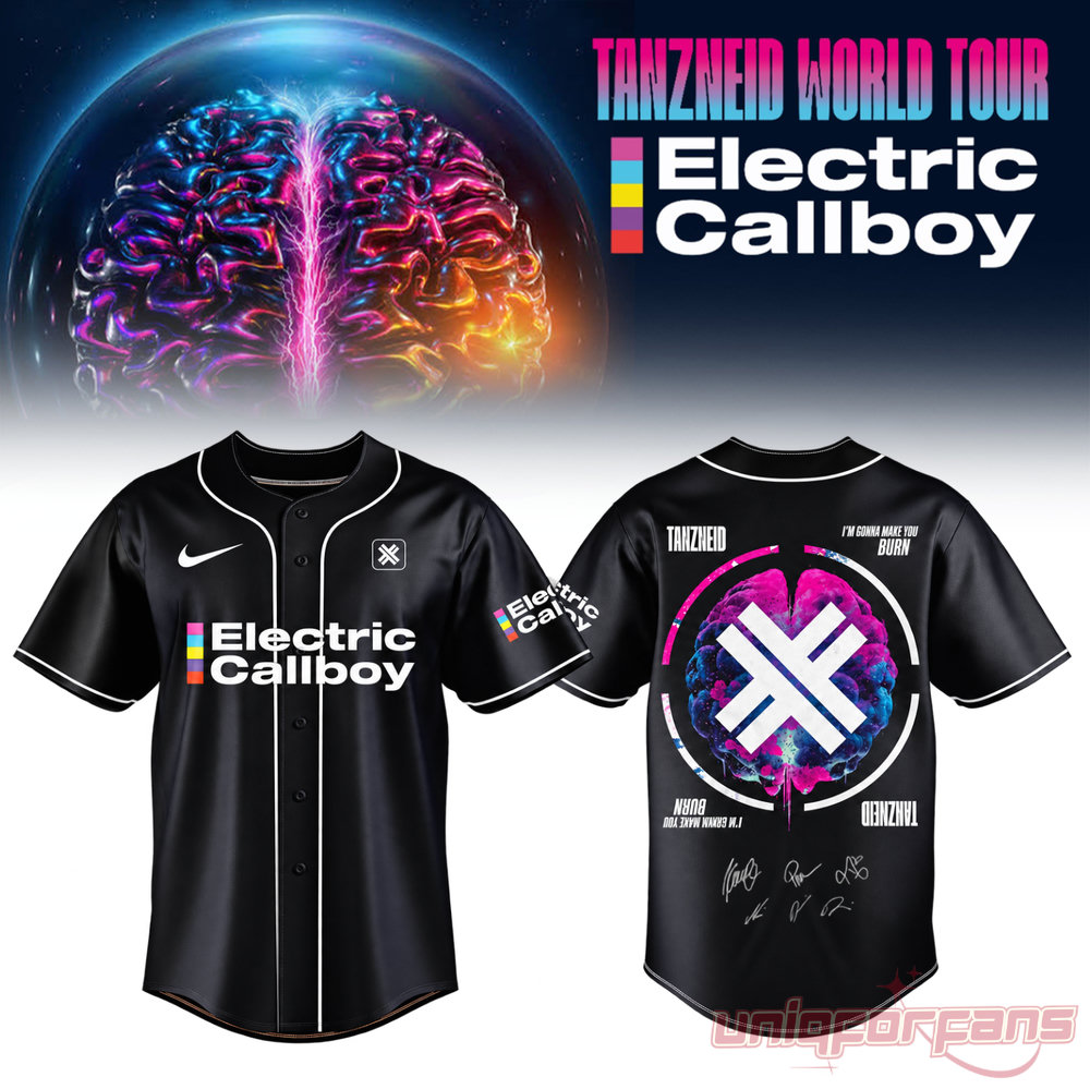 Electric Callboy Tanzneid Cross Logo Graphic Baseball Jersey in black, displaying a bold white X over a brain back design