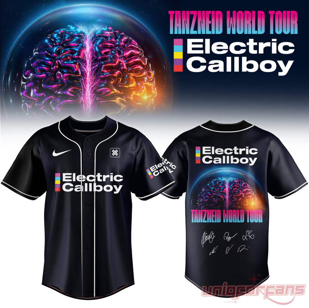 Electric Callboy Tanzneid Cross Logo Graphic Baseball Jersey in black, featuring a clean front and large brain back print