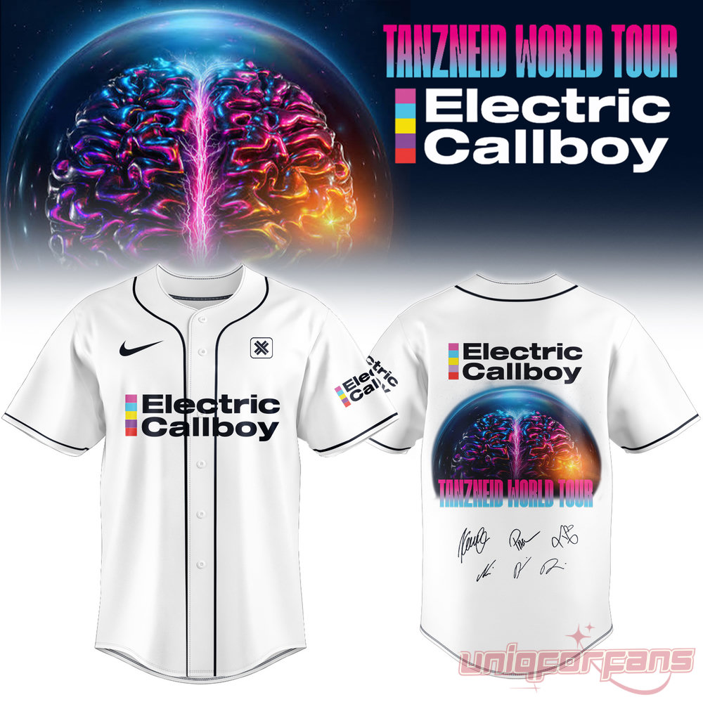 Electric Callboy Tanzneid Cross Logo Graphic Baseball Jersey in white, featuring black piping and a brain globe back print