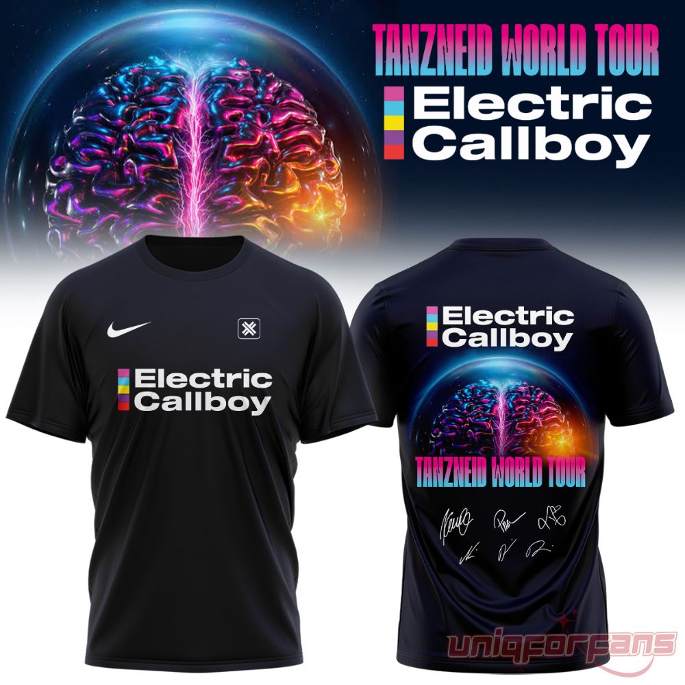 Electric Callboy Tanzneid Globe Brain T-Shirt in black, featuring a Nike swoosh, chest logo, and glowing brain back graphic