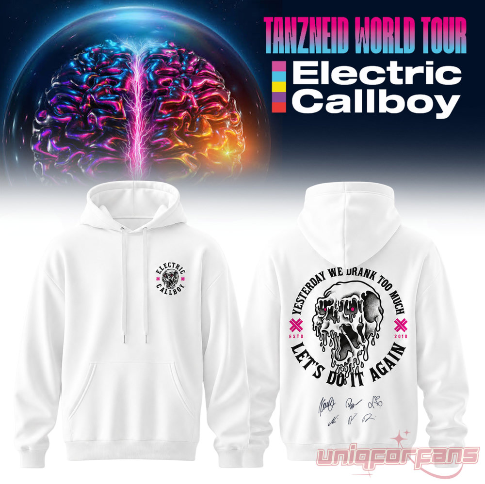 Electric Callboy Tanzneid Tour Globe Brain White Hoodie with front chest logo and a dripping skull graphic printed on back