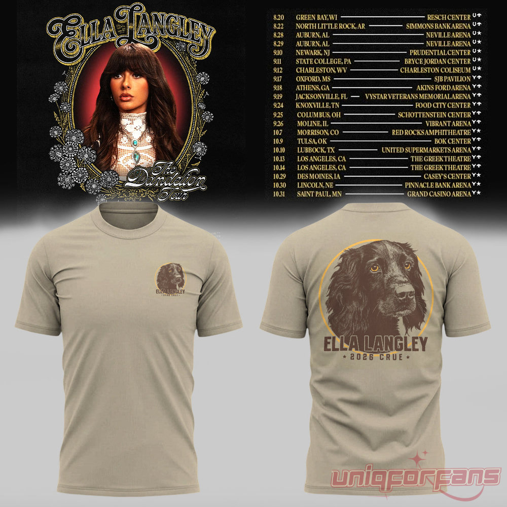 Ella Langley Dandelion 2026 Crue Dog Tan T-Shirt featuring a black dog portrait back graphic and left chest pocket print