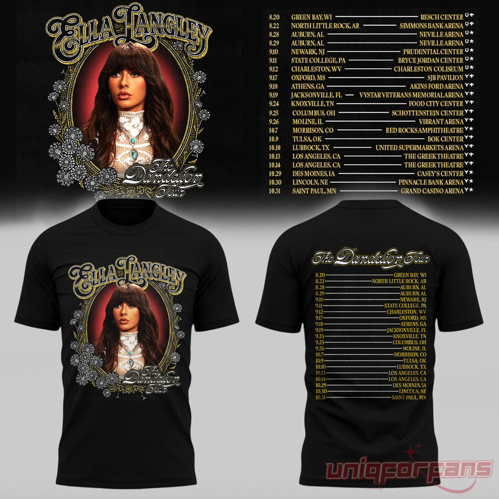 Ella Langley The Dandelion Tour Black T-Shirt featuring vintage ornate framed portrait artwork front and 2026 tour dates back print