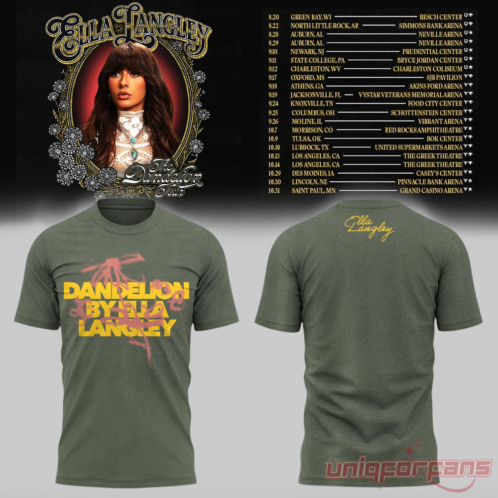 Ella Langley Dandelion Olive Green T-Shirt featuring bold yellow text graphic front and yellow signature collar print back