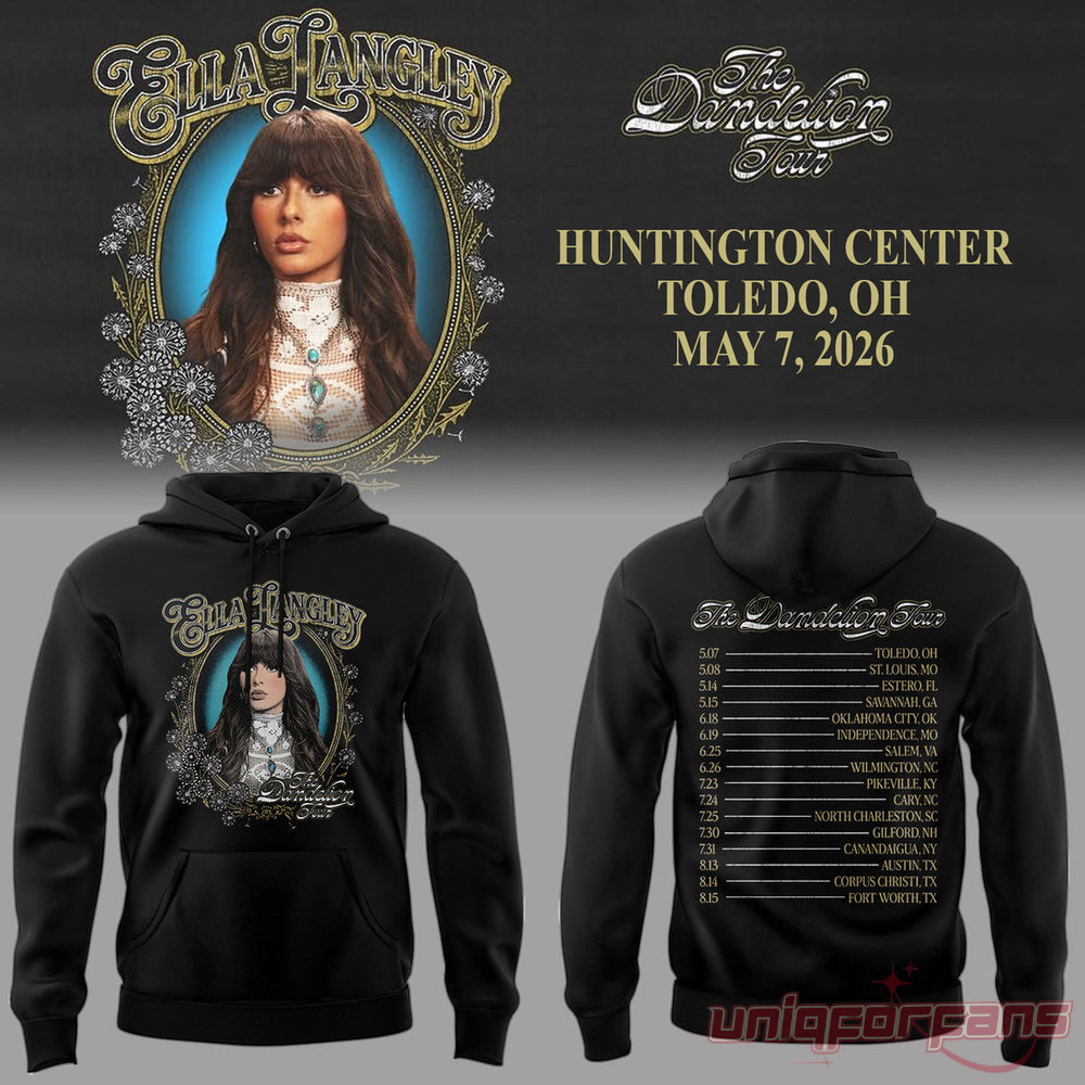 Ella Langley The Dandelion Tour Black Hoodie featuring vintage oval portrait front print and 2026 tour dates list on the back