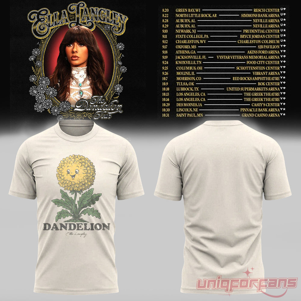 Ella Langley Dandelion Off-White T-Shirt featuring retro smiling dandelion mascot illustration and "Dandelion" bold text
