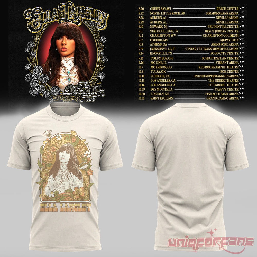 Ella Langley Dandelion Tour Off-White T-Shirt featuring 70s-style floral framed portrait artwork and "Ella Langley" text