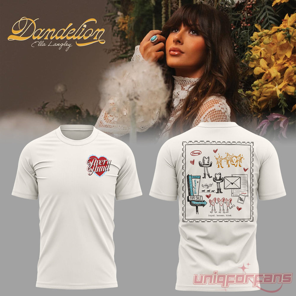 Avery Anna Dandelion Tour Off-White T-Shirt featuring "Avery Anna" heart chest graphic and stamp-framed doodle art back print