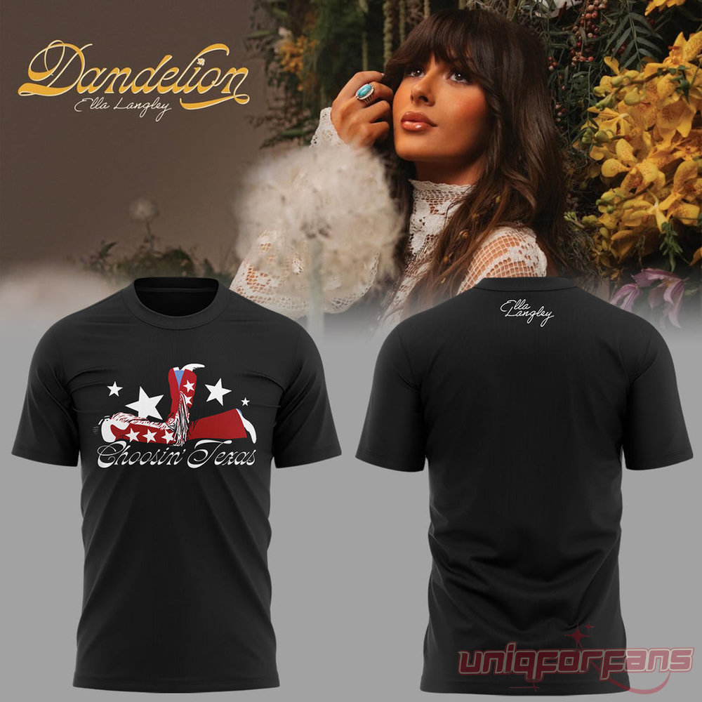 Ella Langley Dandelion Tour Black T-Shirt featuring "Choosin' Texas" graphic with stars and cowboy boots across the chest