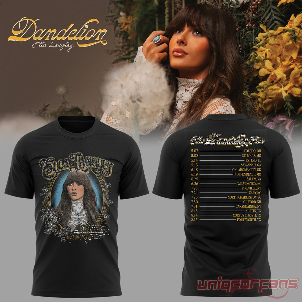 Ella Langley The Dandelion Tour Black T-Shirt featuring vintage oval portrait artwork front and 2026 tour dates back print