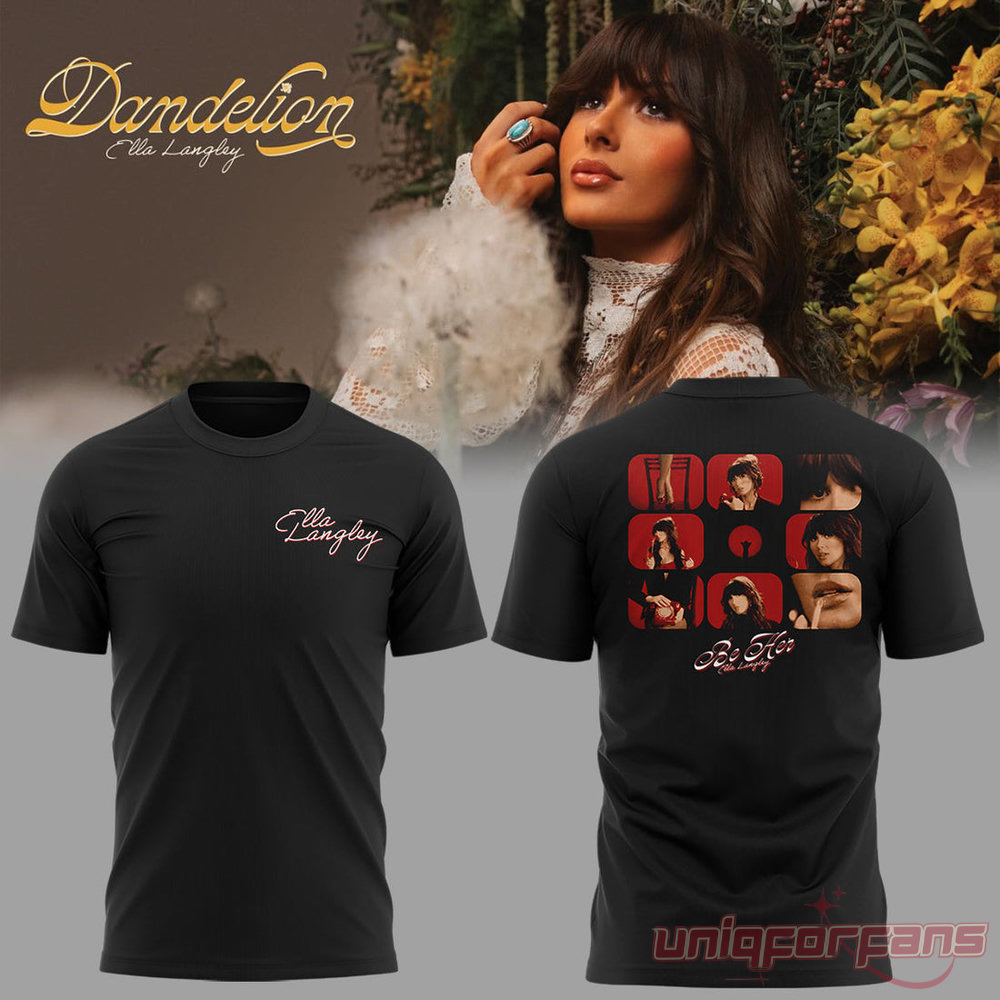 Ella Langley Dandelion Tour Black T-Shirt featuring chest logo print and red "Be Her" photo grid back graphic
