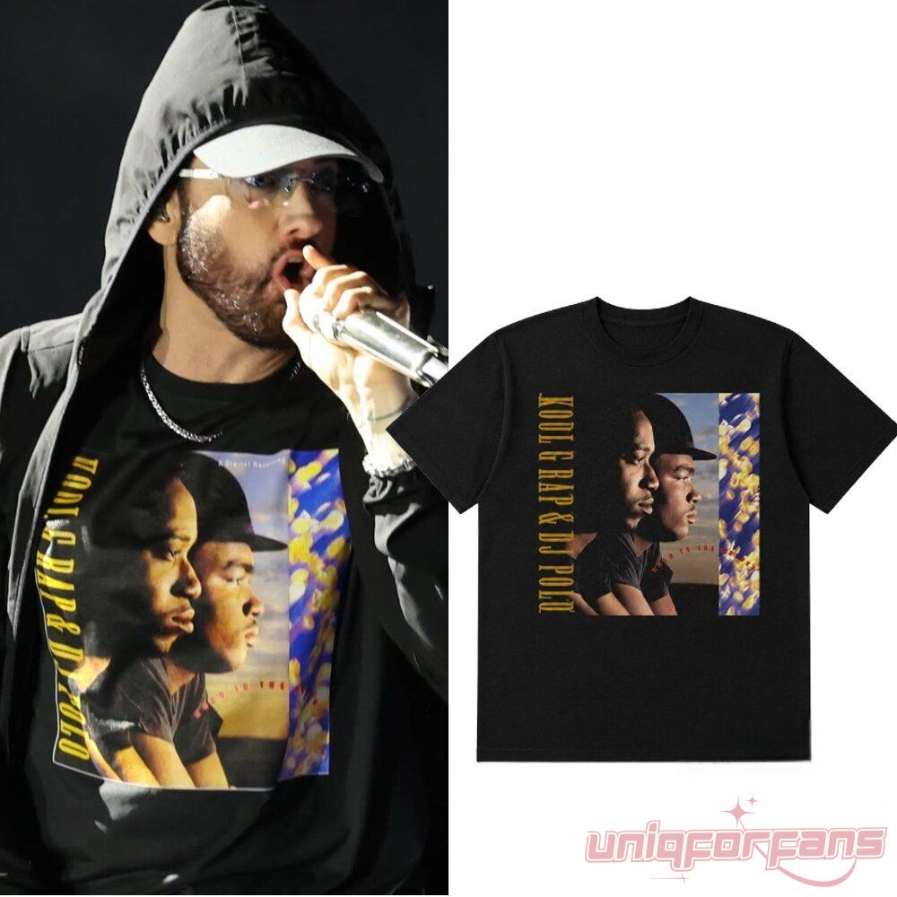 Eminem Kool G Rap and DJ Polo Road to the Riches black graphic t-shirt product mockup beside Eminem wearing it