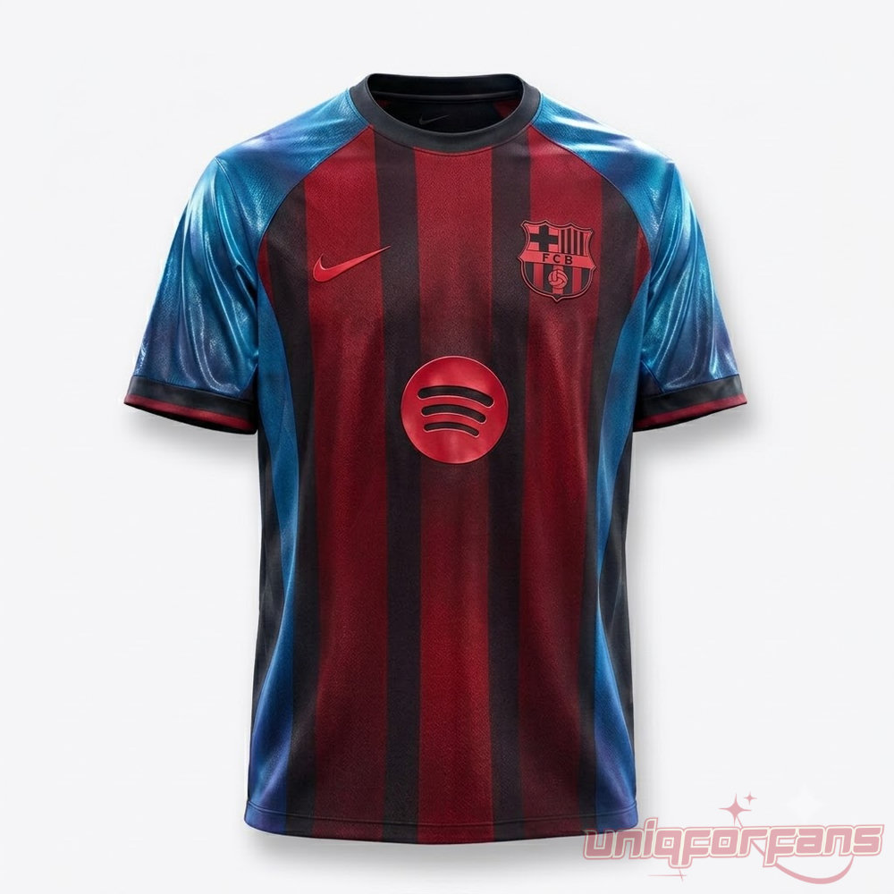 FC Barcelona x Spider-Man Brand New Day 2026 Custom Jersey front in blue and red stripes with red Spotify logo
